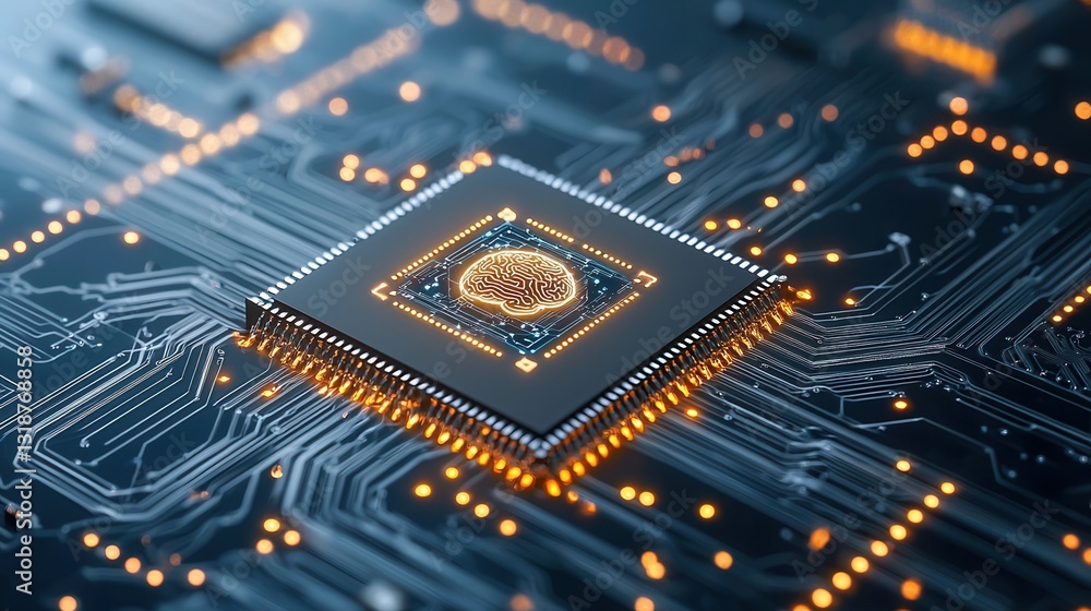 Poster learning and deep fusion concept with intricate circuit board tech background futuristic intelligenc