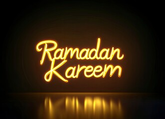 A yellow neon sign with the text "Ramadan Kareem" in elegant lettering, glowing against an isolated dark background. The composition is centered on one side of the canvas and isolated from all sides.