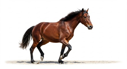 Fototapeta premium Brown Horse Galloping Dynamically Bright Sunlight. AI Generated