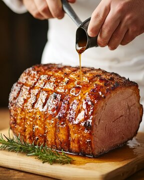 Maple Glazed Ham, Chef Pouring Sauce Over Juicy Roast Meat on Wooden Board with Rosemary Garnish