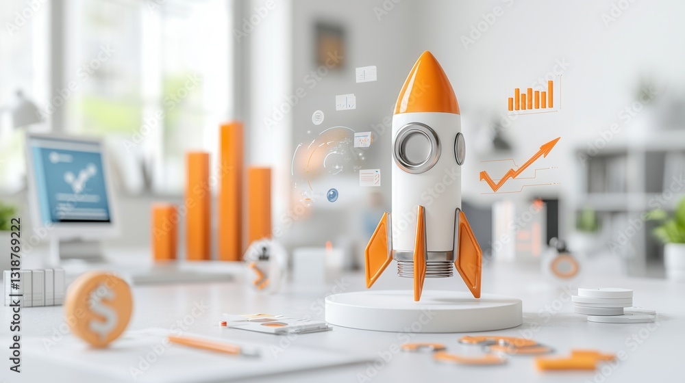 Poster startup concept with 3d rocket model and data visualization elements like charts and graphs on a min