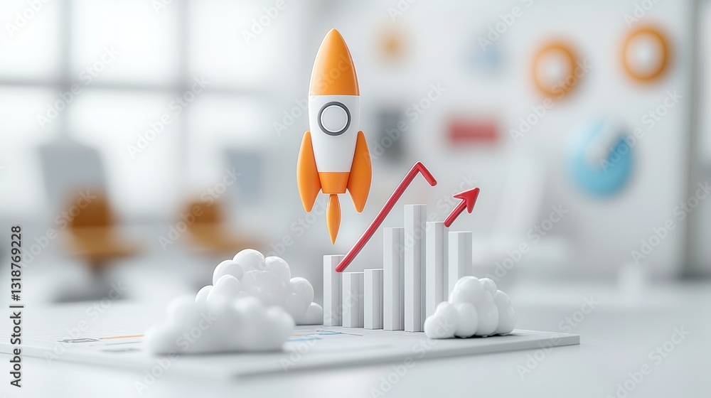 Poster minimalist 3d representing business growth and startup success with rocket launch and financial char