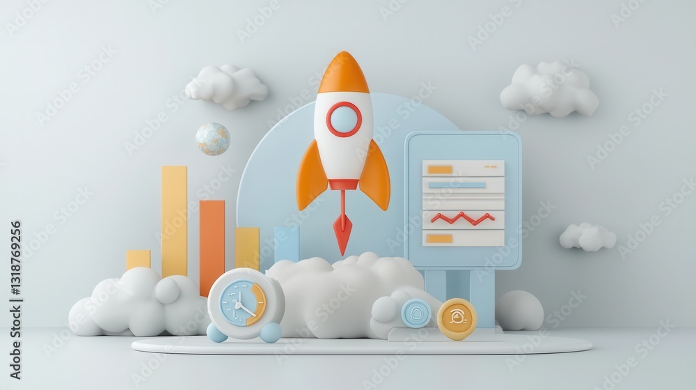 Poster minimalist 3d depicting business growth and development with various data visualization elements suc