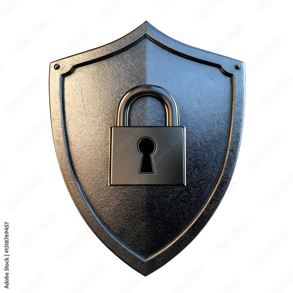 Poster a metallic shield with a padlock symbolizing security and protection in digital environments.