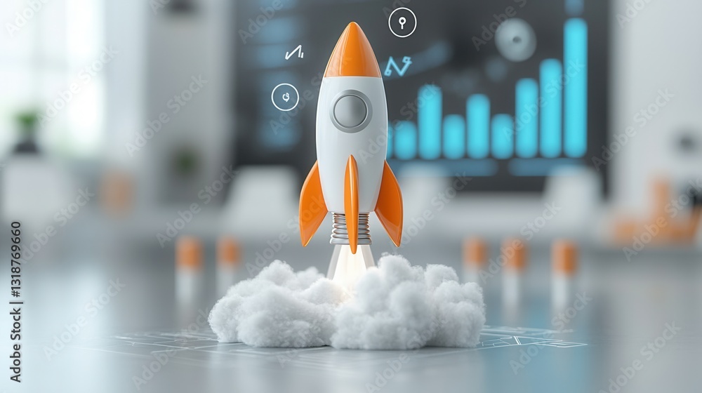 Poster minimalist rocket launch symbolizing business success financial progress and growth the image featur