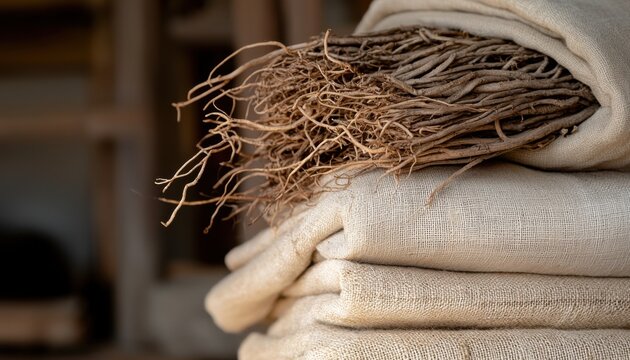 Discover the understated beauty of an earthy still life, showcasing the raw textures of dried roots intertwined with the solid permanence of natural stones, all softly draped across handcrafted