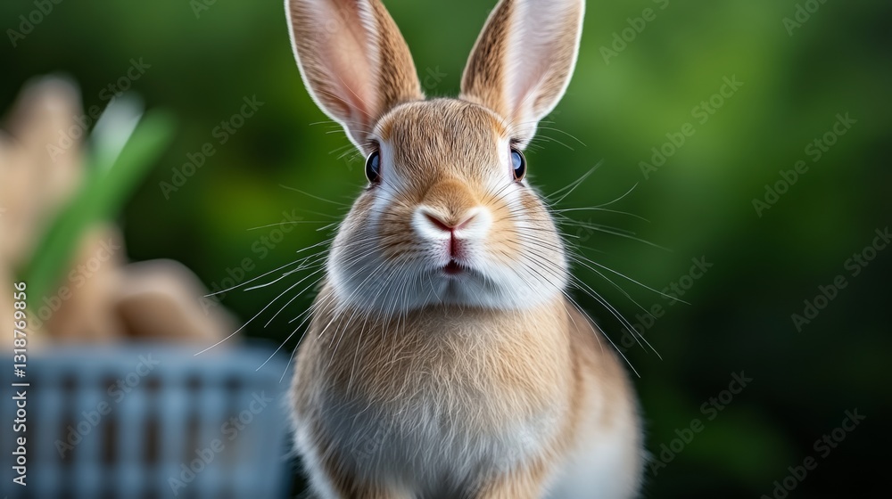 Poster rabbit is staring at the camera with its eyes wide open. the rabbit is brown and white in color