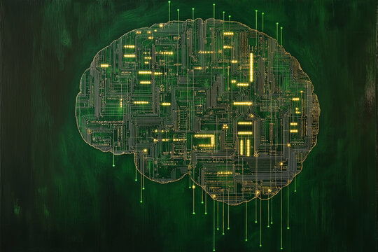 Tech circuit board shaped like brain glowing green background - Powered by Adobe