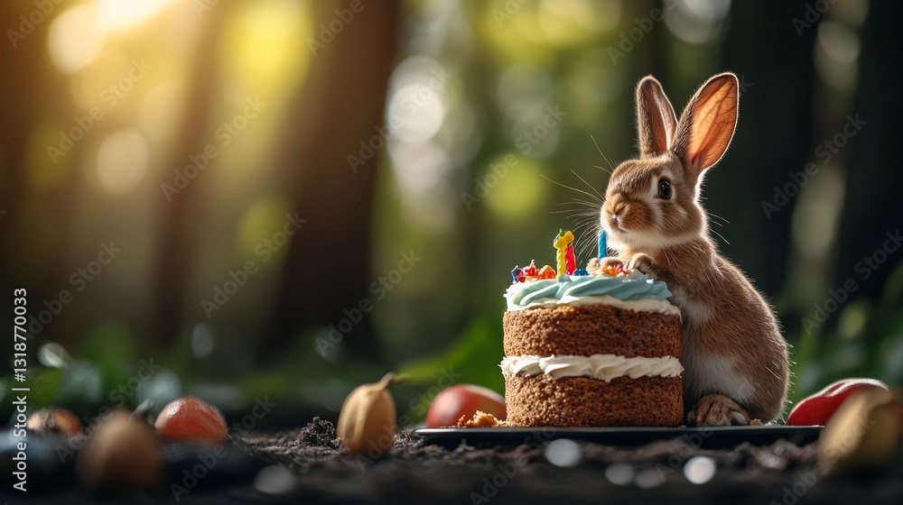Poster rabbit is standing in front of a cake with candles on it. the rabbit is looking at the cake and seem