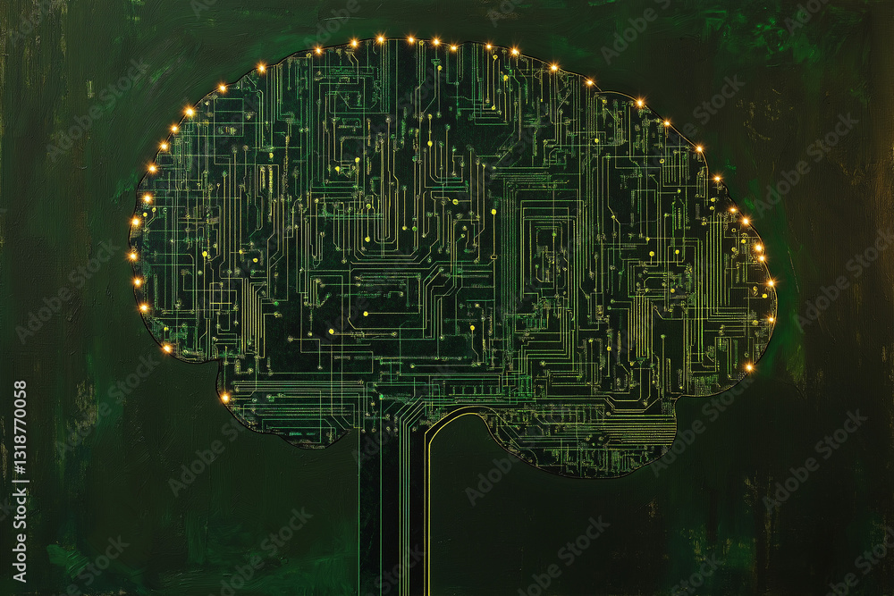 Poster tech circuit board shaped like brain glowing green background