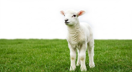 Obraz premium Fluffy lamb stands gracefully in vibrant green pasture bathed in soft sunlight. AI Generated