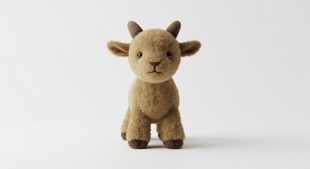 Fototapeta premium Adorable plush goat toy softly lit against white background. AI Generated