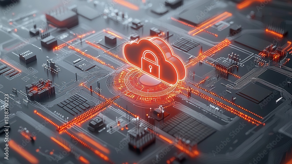 Poster futuristic cloud security technology design featuring digital data protection encryption systems and