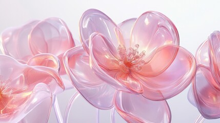Minimalist surreal flowers with soft curved organic surfaces, glossy and matte transparent 3D materials