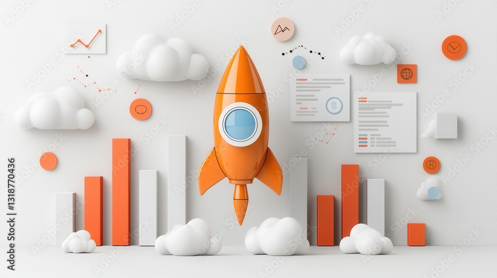 Poster of a modern startup success concept featuring a glossy orange rocket launch surrounded by financial 