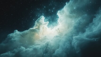 Teal Nebula Cloudscape With Glowing Stars And Bright Center