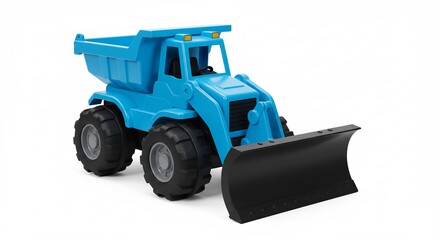 Fototapeta premium Brightly colored blue toy dump truck powerfully boasts a snowplow. AI Generated