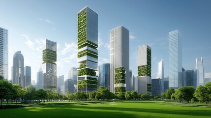 Obraz premium Futuristic vision of a modern sustainable skyline with towering skyscrapers seamlessly integrated with nature showcasing the potential of eco friendly urban development and smart city technologies