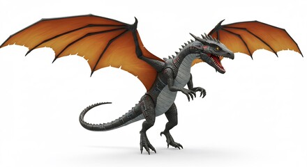 Naklejka premium Powerful gray dragon majestically spreads wide orange wings against bright white background. AI Generated