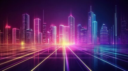 Naklejka premium Abstract Digital Cityscape with Glowing Neon Grids and Geometric Reflections, High-Tech Ambiance, Perfect for Technology and Innovation Visuals