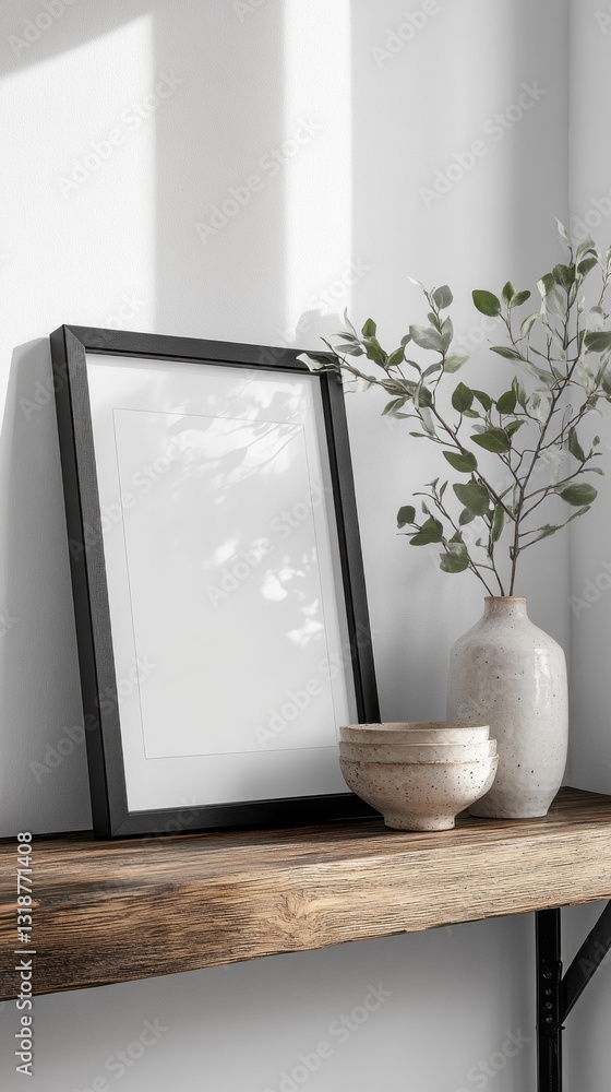 Poster a stylish wooden shelf displays a minimalist decor setup featuring a blank frame, a simple vase fill