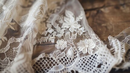 Fototapeta premium A close-up of delicate white lace with floral patterns, lying on a rustic wooden surface.