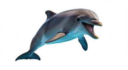 Fototapeta premium Playful dolphin leaps joyfully against bright white background. AI Generated