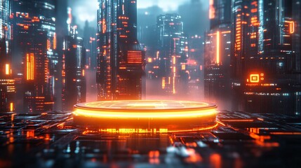 Fototapeta premium A glowing futuristic platform sits in a modern urban cityscape