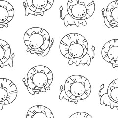 Cute lion character. Seamless pattern. Coloring Page. Kawaii mammal animal different poses. Vector drawing. Design ornaments.