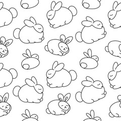 Cute rabbit character. Seamless pattern. Coloring Page. Kawaii cartoon hare. Vector drawing. Design ornaments.