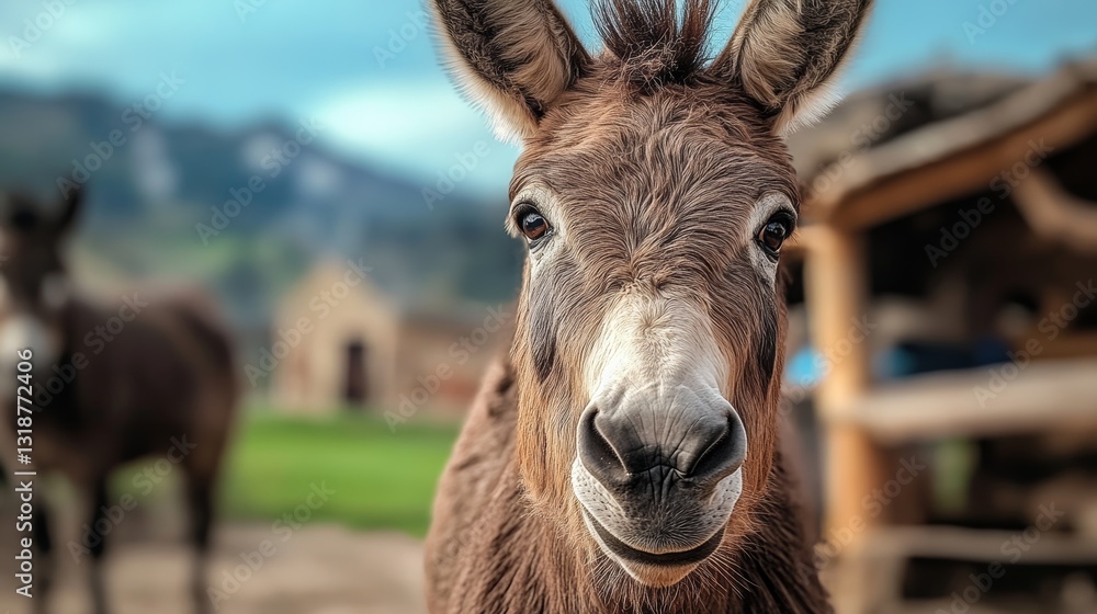 Poster donkey with a white face is standing in front of a building. the donkey is smiling and looking at th