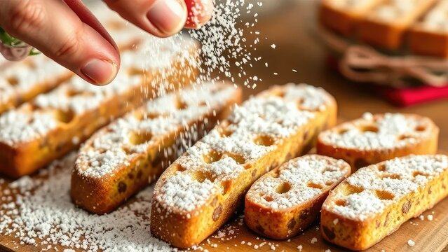 Elfi sprinkling powdered sugar on freshly baked biscotti, powdered sugar, crispy biscotti, fresh powder