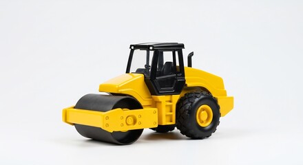 Fototapeta premium Yellow toy road roller smoothly rolls against bright white background. AI Generated