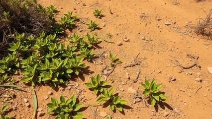 Earthy tones with a scattering of green leaves, desert landscape, overgrown vegetation, dry ground