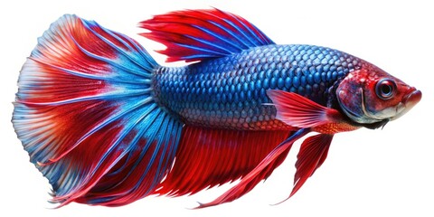 Fototapeta premium A vibrant red and blue fish gracefully swims, isolated against a white background, showcasing underwater life.
