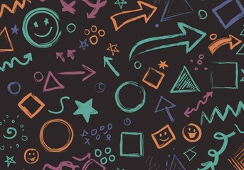 Happy colorful hand drawn shapes playful pattern. AI Generated