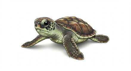 Obraz premium Adorable baby sea turtle crawls on white background soft light. AI Generated