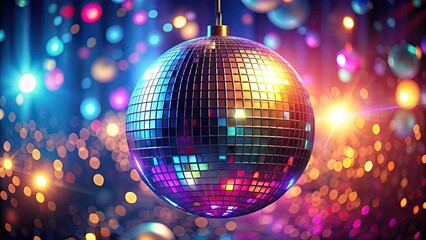Obraz premium A vibrant, suspended disco ball glows, 80s sci-fi style. Deep focus highlights its retro-futuristic sheen.