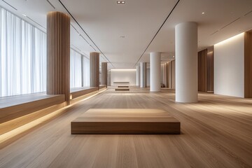 Obraz premium Modern interior design of a spacious art gallery showcasing minimalist architecture and natural light in a serene setting