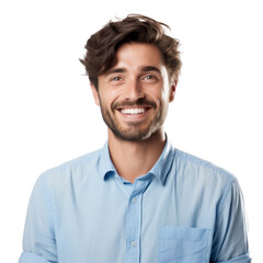 Fototapeta premium A man with a blue shirt and a mustache is smiling isolated on transparent background