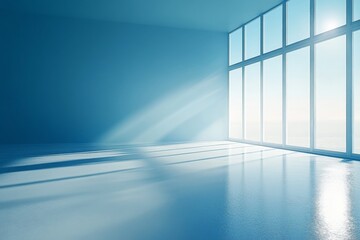 Obraz premium Bright and airy empty room with large windows showcasing a serene view during daylight hours