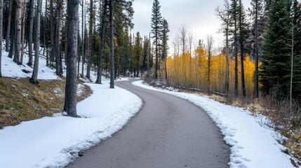 Snowy Path Through Autumnal Forest