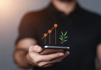 Businessman using a laptop and smartphone to draw a graph of growth with text, quality, cost, and green spot icons on a virtual screen background for a business plan or customer service concept.