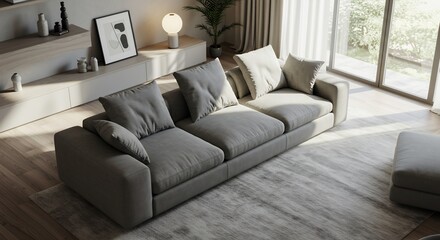 Fototapeta premium Serene gray sectional sofa bathed in soft sunlight; minimalist living room design. AI Generated