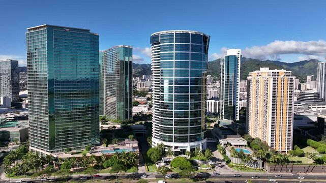 Ala Moana Condos fly by over Ala Moana Blvd 