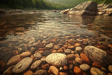 Fototapeta premium Clear river with rocks. Forest backdrop. Sunny day