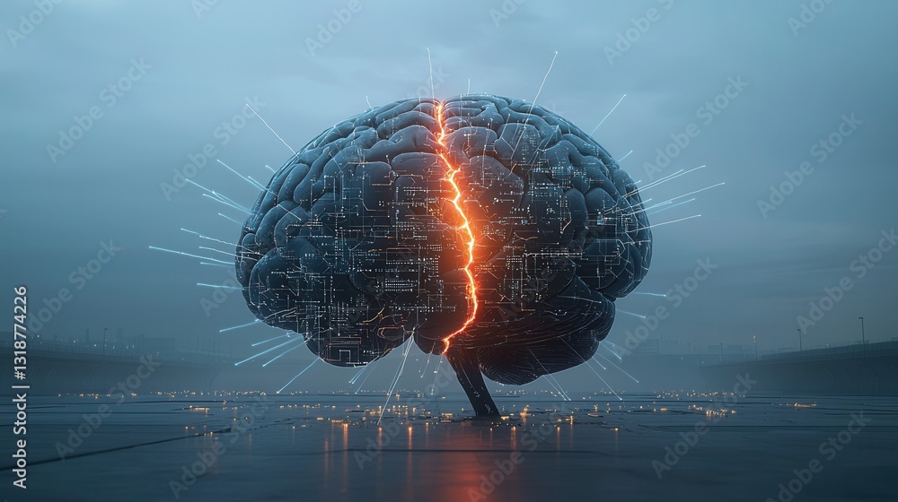 Poster neural intelligence embodied in a cyber tree with glowing electricity and data against a moody atmos