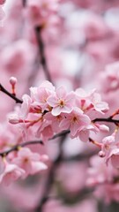 Fototapeta premium Delicate pink hues surrounding cherry blossoms, soft focus, flower