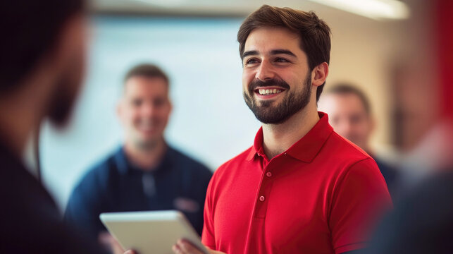A smiling young sales consultant in a red polo shirt holds a tablet while assisting customers in a technique store. The blurred background highlights a professional and friendly interaction.