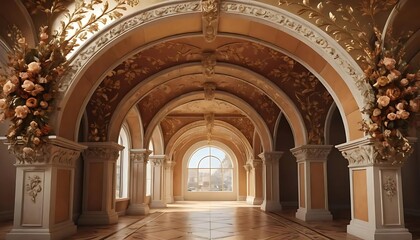 Obraz premium Elegant indoor space with ornate architecture and floral decorations in a sunlit hall
